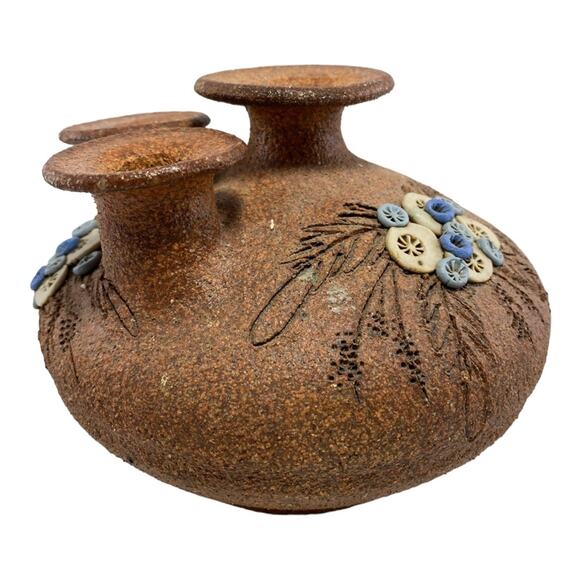 Carma Vintage Vintage 1980s Sand Art Pottery 6" Earthy Boho Floral Bottle Vase - Picture 3 of 8
